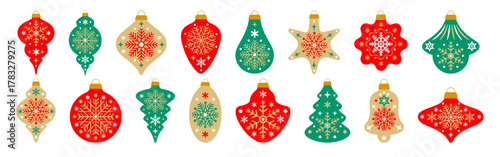 Scandinavian Christmas ornaments and baubles set. Christmas balls and hanging decorations with different shapes. Vintage Christmas tree decor with snowflake patterns. Isolated Vector Illustration