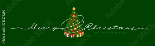 Merry Christmas greeting card design. Lettering by continuous line with decorated Christmas tree. Elegance design for Christmas and New Year holiday celebration. Seasonal greeting. Vector illustration