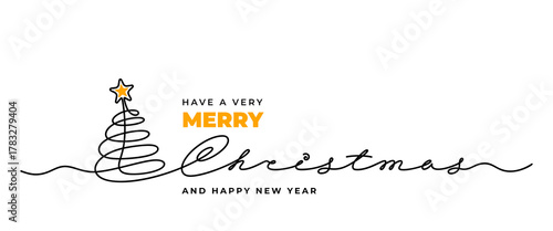 Merry Christmas greeting design. Lettering by continuous line with Christmas tree and star. Elegance design for Christmas and New Year holiday celebration. Seasonal greeting. Vector illustration
