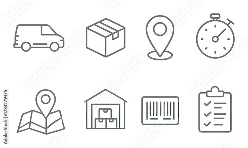 Logistics and delivery icons: van, package, location, stopwatch, map, warehouse, barcode, checklist