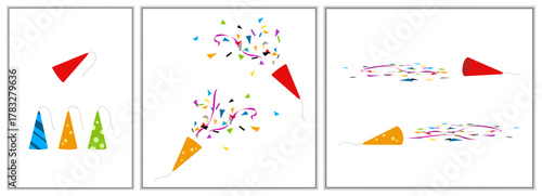 未使用のクラッカー・弾けたクラッカー・散らかったクラッカーのゴミ のイラストセット