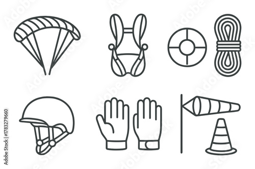 Set of six icons: parachute, harness, lifebuoy, rope, helmet, gloves, cone, windsock