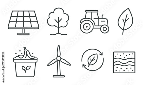 Eco-friendly symbols: renewable energy, agriculture, sustainability icons