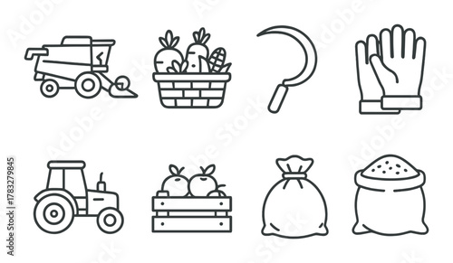 Agricultural icons set featuring tools, machinery, produce, and harvesting equipment