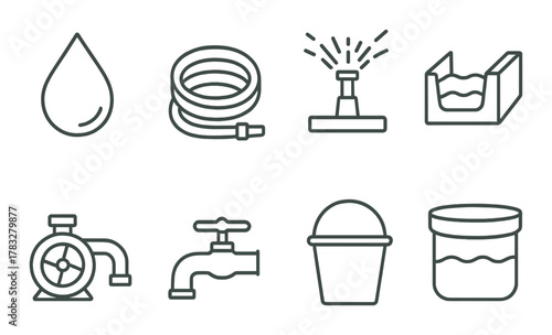 Essential garden watering tools and equipment icons collection