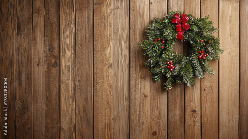 Fototapeta premium Beautiful holiday wreath adorned with red ribbon and berries, hanging on rustic wooden wall, creating festive atmosphere