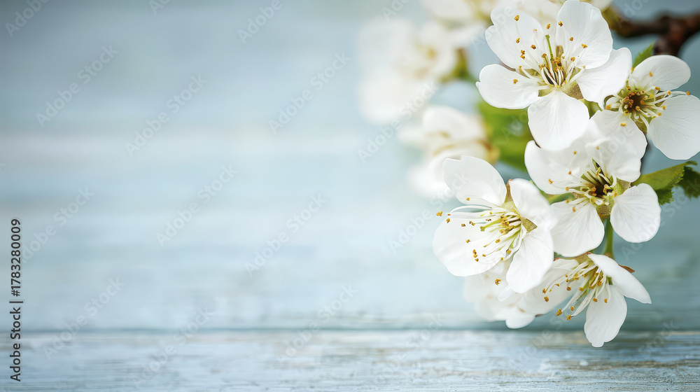 Fototapeta premium Beautiful cherry blossom branch with delicate white flowers rustic blue wooden background, evoking sense of tranquility