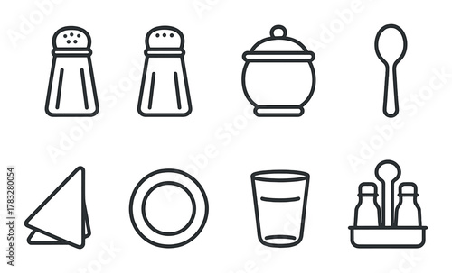 Minimalist kitchen icons: salt shaker, spoon, napkin holder, plate, glass, condiment set