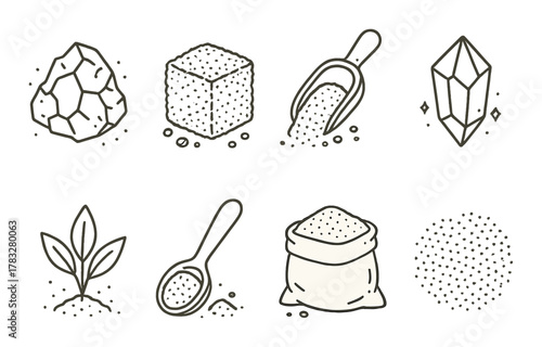 Set of sugar illustrations: crystals, cubes, powder, and plants