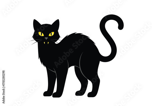 A spooky black cat with an arched back, yellow eyes, and sharp fangs stands on a white background.