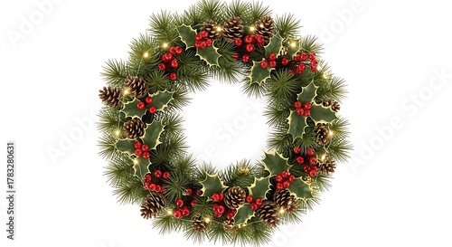 Photo of a beautiful christmas wreath with pine needles, holly leaves, red berries, pine cones, and small lights, isolated on white background