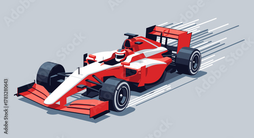 Isometric Illustration of Red and White Formula One Racing Car