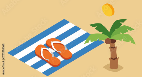 Isometric Cartoon Beach Scene with Flip Flops, Palm Tree and Sun