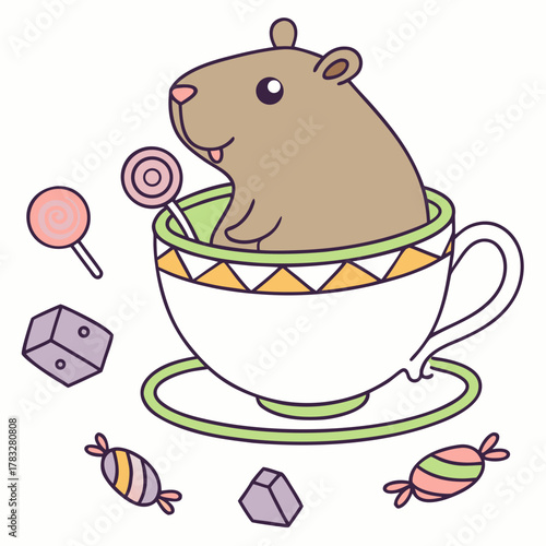Candy Shop themed SVG: Shy Capybara with in a teacup in a Birthday environment