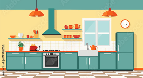 Cozy kitchen interior design with stove, refrigerator, and utensils. Vector illustration of a domestic room for cooking in a modern flat style. c