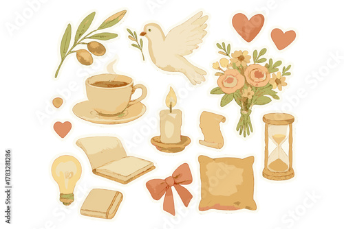 Watercolor Peace Stickers. Peaceful Connection. Realistic hand-painted watercolor style sticker sheet of