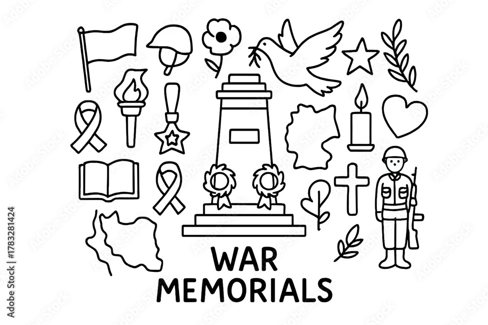Obraz premium War Memorial Icons. War Memorials. Hand-drawn doodle illustration of War Memorials. In the middle, one