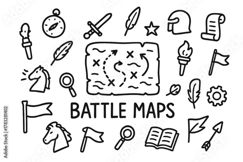 Doodle Battle Maps. Battle Maps. Hand-drawn doodle illustration of Battle Maps. In the middle, one slightly