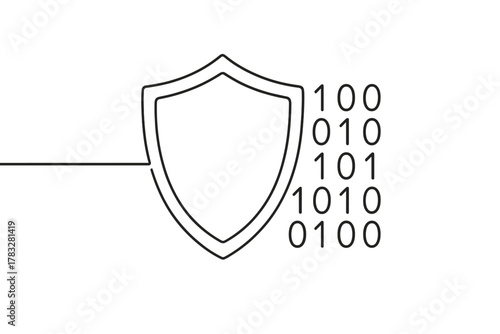 Minimalist Cyber Shield. Data Protection. Minimalistic one-line drawing shield overlaying binary code stream,
