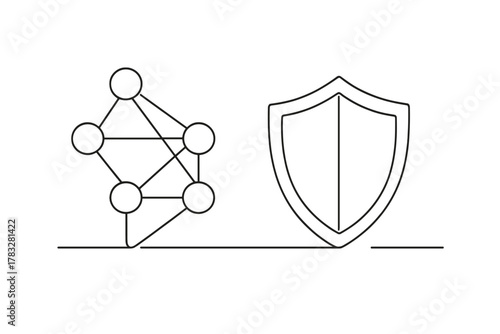 Neural Network Shield. Machine Learning Security. Minimalistic one-line drawing interconnected neural nodes