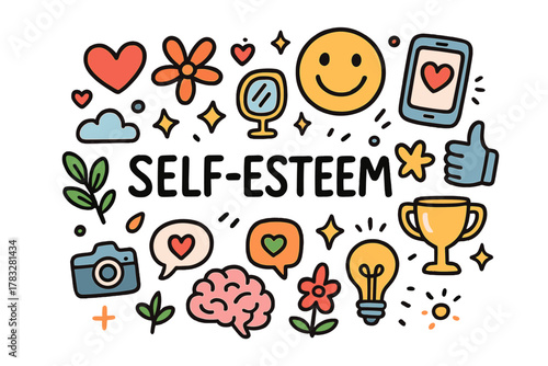 Self-Esteem Doodle Art. Self-esteem and likes. Hand-drawn doodle illustration of self-esteem and likes. Heart