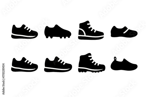 Athletic Shoes Icons. Athletic Shoes. Filled icon set of Athletic Shoes: running shoe, cleats, basketball