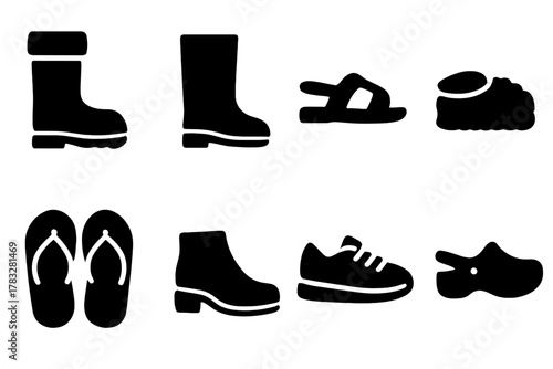 Seasonal Footwear Icons. Seasonal Footwear. Filled icon set of Seasonal Footwear: winter boot, rain boot,