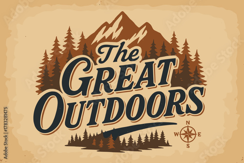 Vintage Outdoor Adventure. “The Great Outdoors”. vintage serif script, shadowed outlines, aged paper texture,