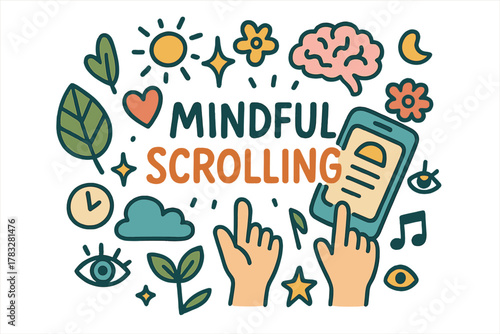 Mindful Scrolling Doodle. Mindful scrolling. Hand-drawn doodle illustration of mindful scrolling. Smartphone,
