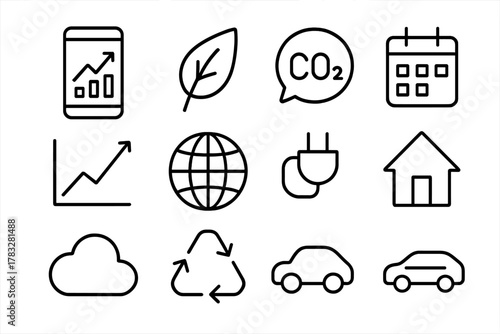 Carbon Tracking Icons. Carbon tracking dashboard. Line outline icon set of carbon tracking dashboard: phone