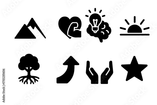 Resilience Icon Set. Resilience. Filled icon set of Resilience: mountain peak, strong heart, brain with light