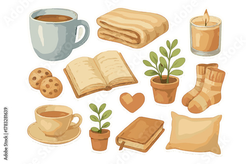 Cozy Watercolor Sticker Sheet. Cozy Moments. Realistic hand-painted watercolor style sticker sheet of cozy