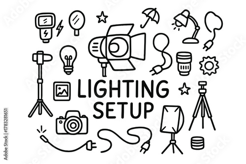 Studio Lighting Doodle. Lighting Setup. Hand-drawn doodle illustration of Lighting Setup. In the middle, one
