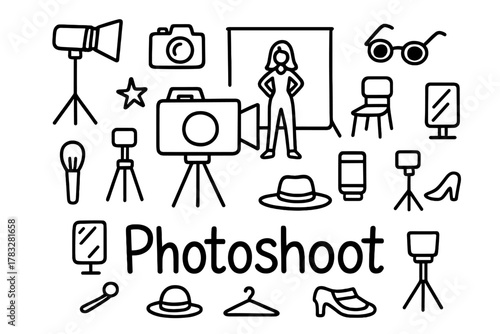 Doodle Photoshoot Essentials. Photoshoot. Hand-drawn doodle illustration of Photoshoot. In the middle, one