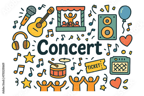 Vibrant Concert Doodle. Concerts and live music events. Hand-drawn doodle illustration of concerts and live