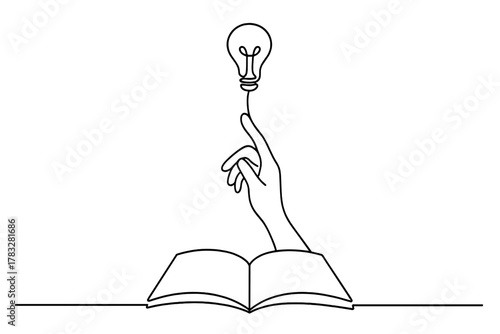 Minimalist Idea Sketch. Inspiration. Minimalistic one-line drawing hand reaching toward light bulb above open