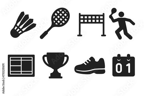 Badminton Icon Set. Badminton. Filled icon set of Badminton: shuttlecock, racket, net, player silhouette,