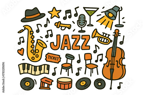 Jazz Night Doodle. Jazz night. Hand-drawn doodle illustration of a jazz night. Saxophone, trumpet, double bass