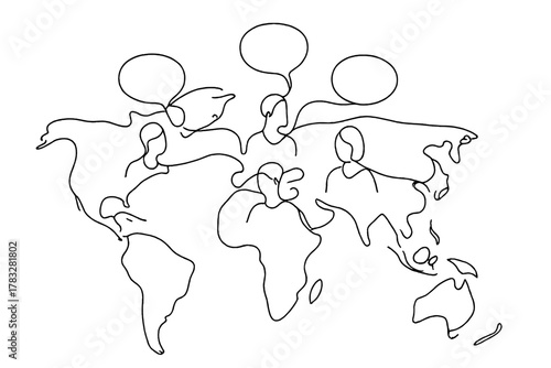 Global Connectivity Art. Global Communication. Minimalistic one-line drawing speech bubbles connecting people