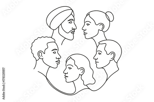 Diverse Faces Circle. Multicultural Interactions and Diversity. Minimalistic one-line drawing group of diverse