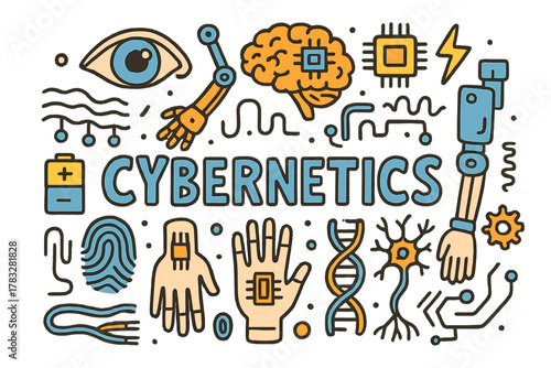 Cybernetics Doodle Art. Cybernetic implants. Hand-drawn doodle illustration of cybernetic implants. Eye