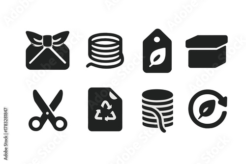 Eco Wrapping Icons. Eco Wrapping. Filled icon set of Eco Wrapping: fabric wrap, paper string, leaf tag,