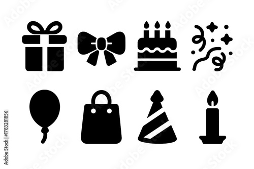 Birthday Icons Set. Birthday Gifts. Filled icon set of Birthday Gifts: birthday box, ribbon bow, cake,