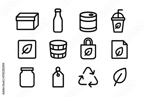 Sustainable Packaging Icons. Sustainable packaging. Line outline icon set of sustainable packaging: paper box,