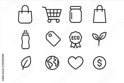 Sustainable Shopping Icons. Sustainable shopping. Line outline icon set of sustainable shopping: tote bag,