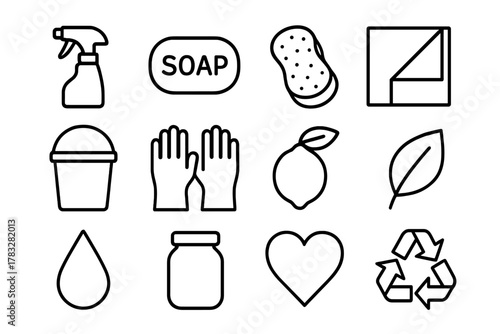 Eco-Friendly Cleaning Icons. Green cleaning supplies. Line outline icon set of green cleaning supplies: spray