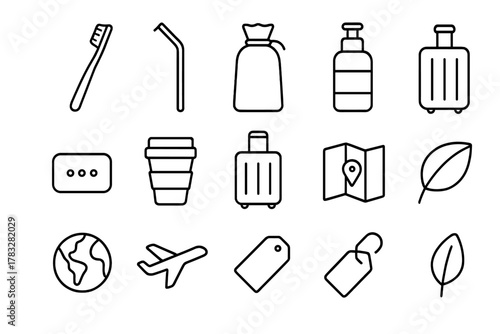 Eco-Friendly Travel Essentials. Low waste travel kit. Line outline icon set of low waste travel kit: bamboo
