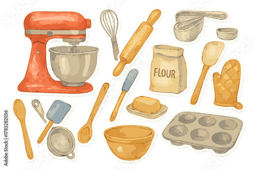 Watercolor Baking Stickers. Baking Tools. Realistic hand-painted watercolor style sticker sheet of baking
