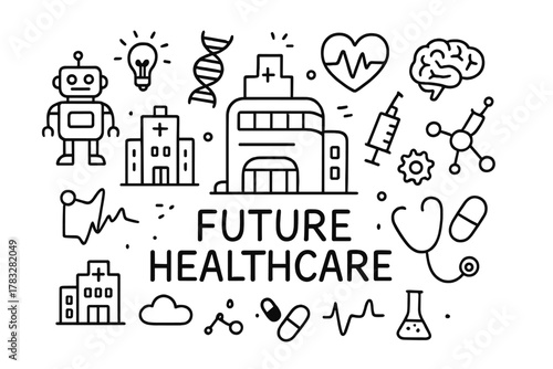 Futuristic Healthcare Doodles. Future Healthcare. Hand-drawn doodle illustration of Future Healthcare. In the