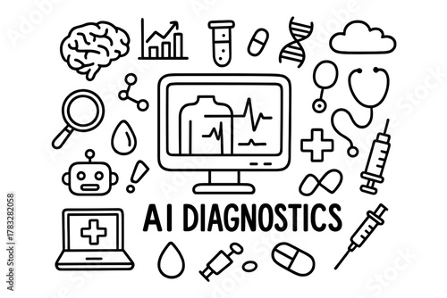 AI Diagnostics Doodle. AI Diagnostics. Hand-drawn doodle illustration of AI Diagnostics. In the middle, one